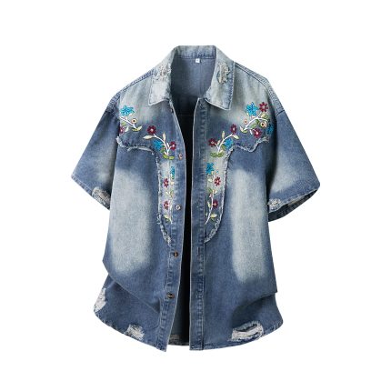 Embroidered Short-Sleeved Denim Shirt